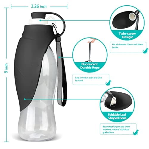TIOVERY Portable Pet Water Dispenser, 20oz Leak Proof Dog & Cat Water Bottle with Bowl, Black — view 3