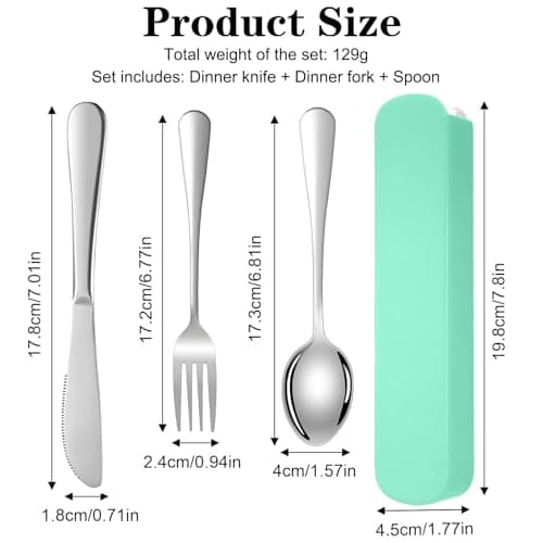 DOETYD 3 PCS Travel Cutlery Set Stainless Cutlery with Portable Case Reusable Spoon Fork and Knife for Camping Travel Picnic School Office Lunch (Green) — view 2