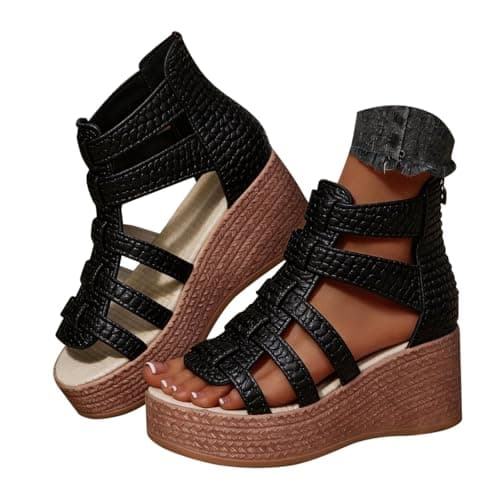 Women's Summer Sandals Wedge with Zip Roman Travel Slippers Open Platform with Non-Slip Sole Soft Footbed Breathable Walking Slides for Beach Holiday, Black, 5 UK — view 2