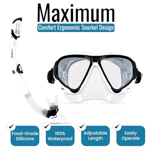 Two Bare Feet Adults Snorkel and Mask Set – Dry Top Silicone Snorkel, Anti-Fog Tempered Glass Dive Mask – Leak-Proof, Adjustable Fit for Swimming, Snorkelling & Diving Holidays (M2006S+S11S (White)) — view 2