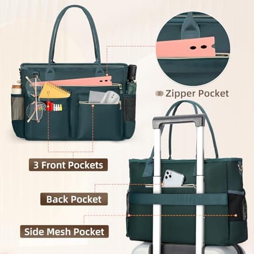 RAINSMORE Laptop Tote Bags for Women 15.6 inch Teacher Bag Large Nurse Utility Bag Computer Messenger Briefcase with Insulated Pocket for Work School Office Business University Dark Green — view 5