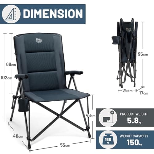 TIMBER RIDGE Folding Camping Chair for Adults Padded High Back 150kg Black — view 3