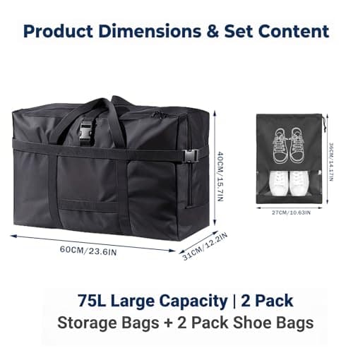 2 Pack Oxford Fabric Extra Large Travel Bag Foldable Duffle Bag, Waterproof Sturdy Holdall Luggage Bags for Moving Bedding Clothes Storage, 75L Moving Bags with Zippers and Handles - 60x31x40cm — view 2