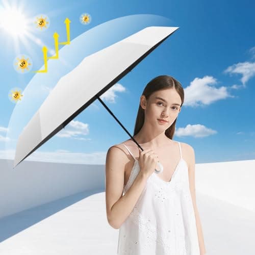 WoRuyKot Mini Sun Travel Umbrella Ring handle Coating Layer Fabric Blocking/anti Compact Folding Purse Umbrella/Lightweight Small (Off-white) — view 2