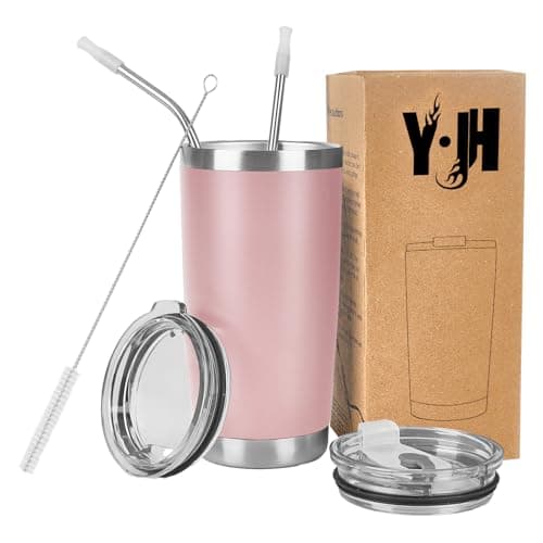 Y·J&H 20oz (550ml) Travel Tumbler Double Wall Vacuum Insulated Coffee Mug Stainless Steel Coffee Cup with 2 Splash Proof Lid, 2 Straws & Free Cleaning Brush, BPA Free - Pink