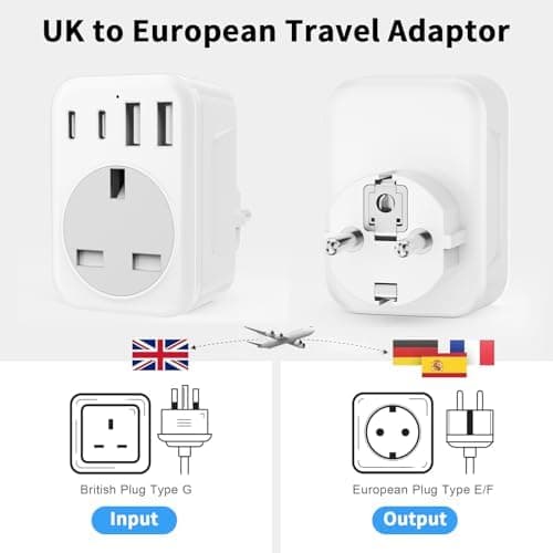 2 Pack UK To European Plug Adapter, 5 IN 1 European Travel Adaptor with 2 USB C & 2 USB A, EU Plug Adapter for Germany Spain France Turkey Greece etc (Type E/F) — view 2