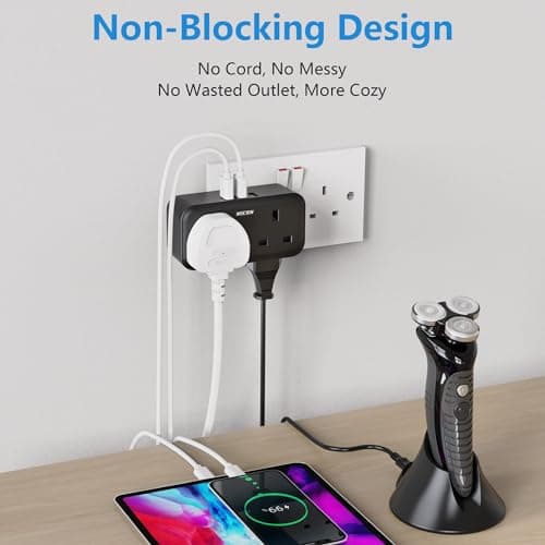 Double Plug Adaptor, Mscien Plug Adapter with 3 USB, 2 Way Plug Extension with Dual 2 Pin Socket at The Bottom, 13A UK Multiplug Extender, Wall Charger Power Socket for Home Kitchen Office, Black — view 4