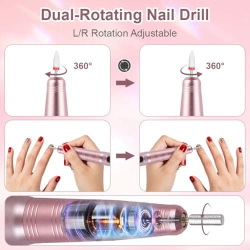 Vicloon Cordless Electric Nail Drill, 12 in 1 Rechargeable Nail File Kit 26000RPM 3 Speeds, Professional Portable Nails Kit with Bits & Sanding Bands for Beginners, for Acrylic & Gel, Pink — view 5