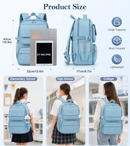 FIORETTO 25L School Bag for Girls & Teens, Womens Backpack Rucksack with Organized Pockets, Trolley Strap & Chest Buckle, Fits 15.6" Laptop, Ideal for School, Travel & Daily Use Blue — view 6