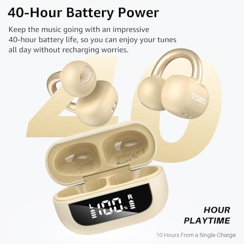 TOZO OpenEarRing Open Ear Headphones, Clip On Earphones, Lightweight Comfort Wireless Open Ear Earbuds with Smart Digital Display, 40H, IPX5 Waterproof, Bluetooth 5.4 for Running Gym Outdoor Sports — view 6