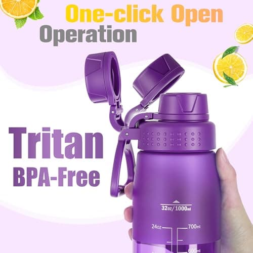 GOPPUS 1L/32oz Clear Tritan Water Bottle with Screw Lid, Drinks Bottle with Wide Mouth, Fruit Infuser, Leakproof, BPA Free, Carry Handle, Measurement Markings, Dust Cap (Purple) — view 3