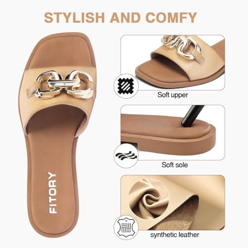 FITORY Women Flat Sandals Slip On Leather Slide Summer Light Brown Size 5 — view 5