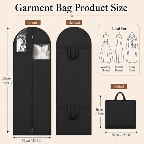 Sytinnice 2Pcs Long Dress Garment Bags, 60×180cm Folding Full Length Garment Cover Bag with Zipper, Pocket & Handle, Breathable Clothes Covers for Gowns Dresses Travel & Storage(Black) — view 2