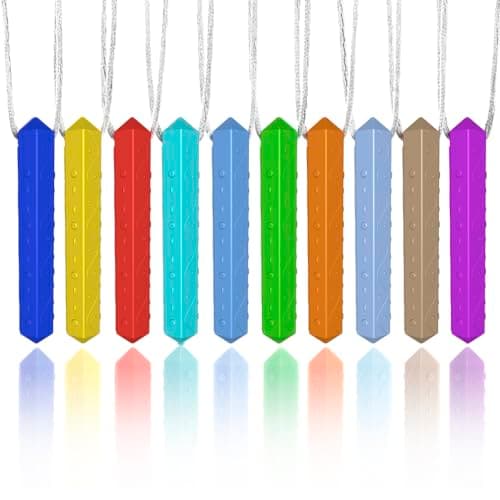 Sensory Chew Necklace Set, 10 Pack Silicone Chewy Pendant Necklaces with Adjustable Breakaway Cord, BPA Free Chewing Accessories in Assorted Colours for Daily Sensory Use
