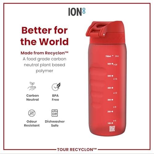 ION8 Sports Water Bottle, 750 ml/24 oz, Leak Proof, Easy to Open, Secure Lock, Dishwasher Safe, BPA Free, Flip Cover, Carry Handle, Soft Touch Contoured Grip, Easy Clean, Odour Free, Red — view 5