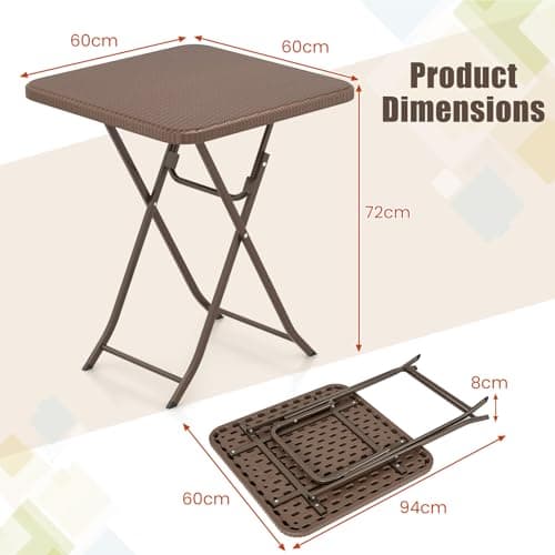 COSTWAY Folding Picnic Table, Portable Square Camping Trestle Table with HDPE Top & Metal Frame, Outdoor Indoor Use for Kitchen Garden Patio BBQ (Brown Rattan Textured Top, 60 x 60 x 72cm) — view 3