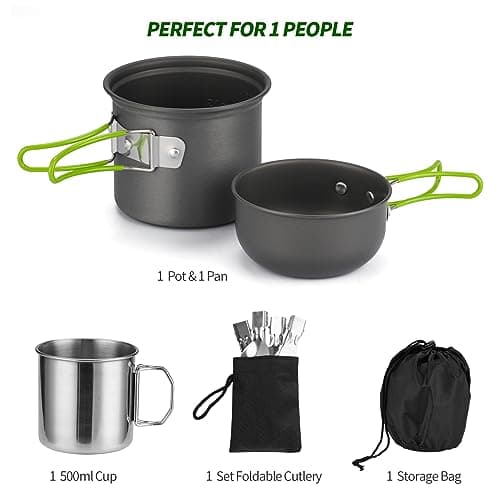 Camping Cookware Mess Kit for 1 People,ISFORU Camping Non-stick Cooking Set include Backpack Pot and Pan Set with 304 Stainless Steel Cup and Utensil Set for Traveling Trekking and Hiking — view 5