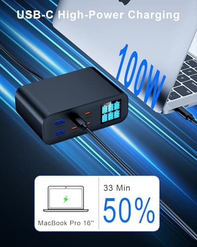 CESTONE, 6-Port GaN USB C Charger Station,Adjustable Brightness LED Digital Display Multiport Fast Charger,PD 100W QC3.0 PPS Desktop Charger Compatible with iPhone17/16/15 MacBook Samsung HP,(Black) — view 4