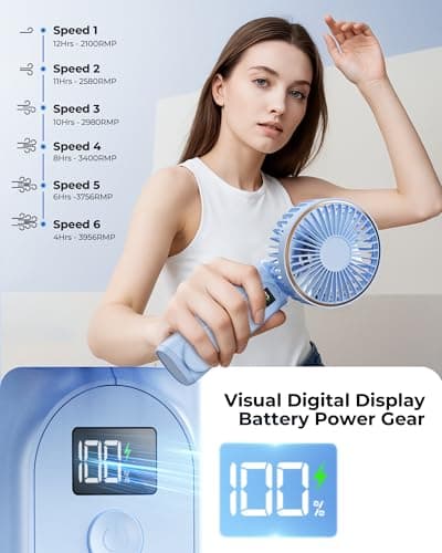 TUNISE Portable Fan, Rechargeable Handheld Fan, 4000mAh, 180° Adjustable, 6 Speed Wind, Display Electricity in Real Time, Foldable, Quiet Personal Fan as Power Bank — view 5