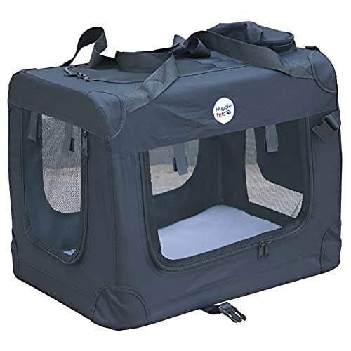 HugglePets Foldable Fabric Pet Crate Carrier - Black (Small 50 x 34cm) Lightweight & Ventilated Double Door Carrier for Dogs & Cats with Sheepskin Mat. Ideal for Home & Travel.
