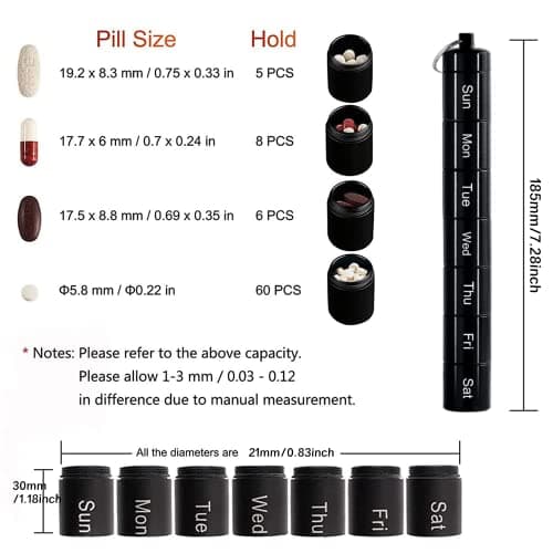 Pill Box 7 Day Metal,Weekly Pill Box Organiser Portable Pill Cases Waterproof Daily Pill Container Holder Metal Pocket Pill Boxes Travel Pill Holder for Men Women (Black) — view 2
