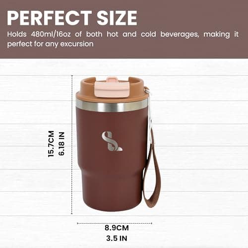 SimplyLivin Insulated Coffee Cup Travel Mug 480ml 16oz | Tumbler Flask with Straw & Spout Lid | Leakproof | 8H Hot 12H Cold | Reusable Coffee Cup | Stainless Steel Tumbler | Gift | Coffee Brown — view 3
