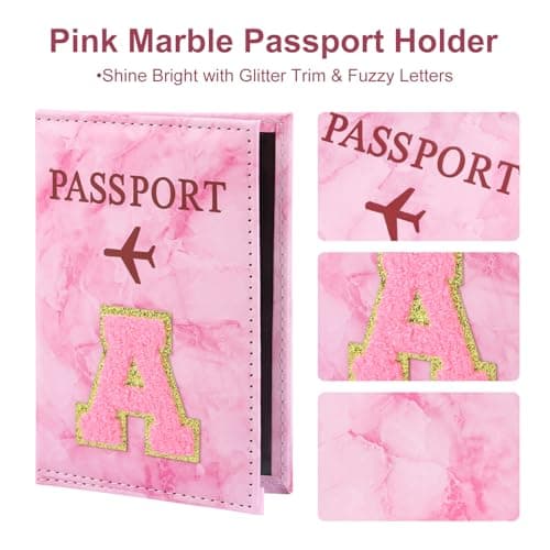 ILIYAH Personalized Initial Passport Holder – Pink Marble Chenille Letter, Waterproof PU Leather Passport Cover, Cute Travel Gift for Women and Girls — view 2