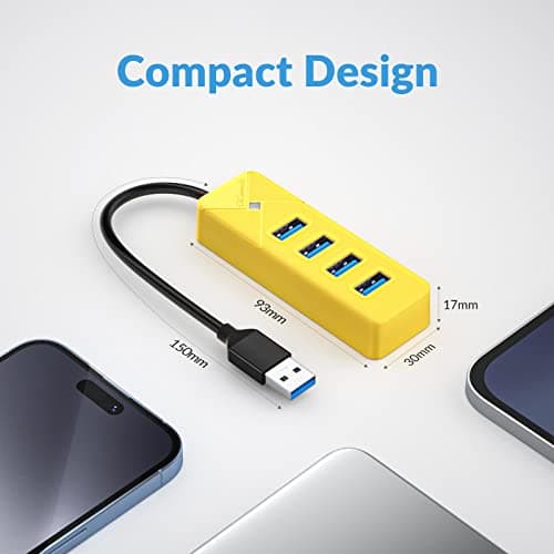 GiGimundo 4-Port USB Hub 3.0 - High-Speed Multiport Adapter for Laptop, Mac, MacBook Air/Pro, PC - Compact, Portable, Plug-and-Play (Yellow, 15 CM) — view 2