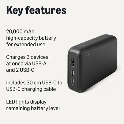 Amazon Basics High-Capacity Portable Charger Power Bank with 3-Port Output, 20,000 mAh, Black — view 2