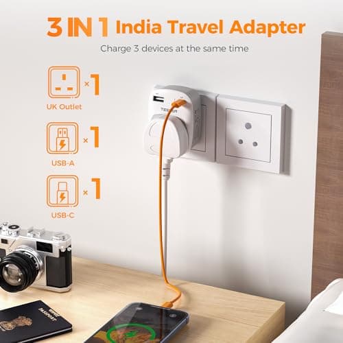 TESSAN UK to India Plug Adapter, Type D Indian Travel Adapter with USB C — view 5