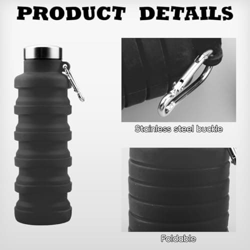 Hopzab 1 PCS Collapsible Water Bottle with Carabiner Silicone BPA Free Water Bottle Portable Outdoor Collapsible Accessories for Travel Gym Sports Hiking Climbing Camping Hiking (Grey) — view 3
