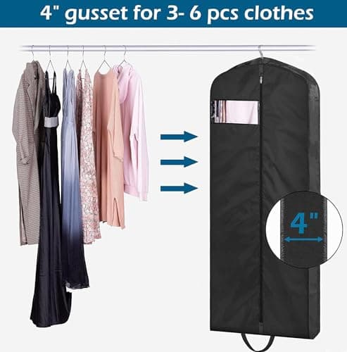 MISSLO 65" Long Garment Bags for Travel Dress Bag Covers Waterproof Wedding Dress Carrier for Women Hanging Clothing Bags Protectors for Storage Coats, Clothes, Suits, Black, 2 Packs — view 3