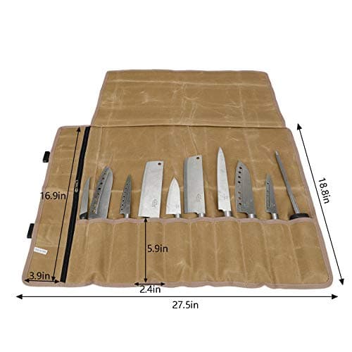 QEES Chefs Knife Roll Bag 11 Slots, Heavy Duty Waxed Canvas Knife Bag, Waterproof Knife Case for Camping, Hiking, Multi-function Tool Roll Bag (Khaki) — view 2
