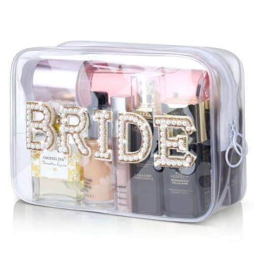 Bride Clear Cosmetic Bag, Etercycle Bachelorette Gifts for Bride Makeup Bag, Portable PVC Travel Toiletry Bag Bling Pearl Rhinestone Patch Letter Bags for Women Wedding Bachelorette Party (Gold)