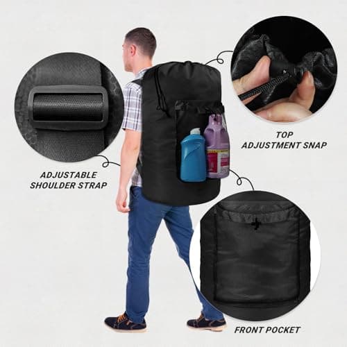 CATOTEL Polyester Large Laundry Bag Backpack, Black, Adjustable Shoulder Straps, Drawstring Closure, Multi-purpose for College Dorms, Laundry Room, Travels, Storage — view 3
