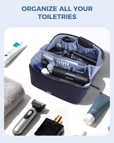WANDF Toiletry Bag for Men Travel Wash Bag PU Leather Toiletry Organizer with Detachable Waterproof Hanging Pouch Open-Flat Dopp Kit Shaving Bag with Wet Pocket for Travel Accessories (Navy Blue) — view 3