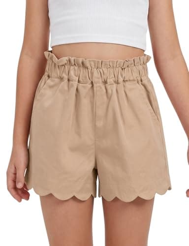 Spring&Gege Girls' Summer Shorts, Elastic Waist with Ruffled Hem & Side Pockets,Soft Cotton Shorts for Back-to-School Season Outdoor Activities, Beach & Casual Attire(Khaki,13-14 Years)