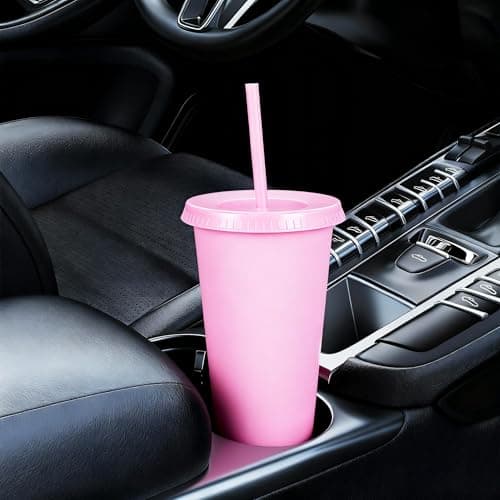 Yisituo 710ml Reusable Plastic Cups, 10 Pack Cold Cups with Lid and Straw, Tumblers Travel Mugs for Adults and Madam Party and Beach, Pool Gatherings (10, Light Pink) — view 3