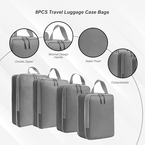 White Hawk 8-Pcs Compression Packing Cubes for Suitcases – Waterproof Diamond Polyester, No Mesh, Space-Saving Luggage Organiser, Travel Bags for Suitcases, Backpacks & Carry-Ons (Gray) — view 2
