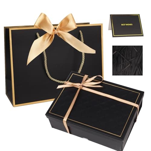 Gift Box Set for Presents, Large Textured Paper Box with Ribbon Gift Bag & Lids, Greeting Card Shredded Paper for Valentine’s Day Mother’s Day Birthday Anniversaries Bridal Party(Black)