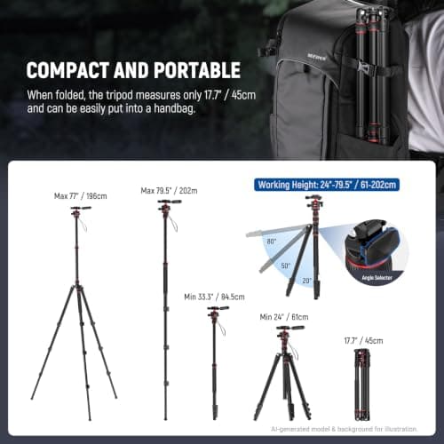 NEEWER BASICS TP08 Camera Tripod Monopod 77 Inch Compact Lightweight DSLR Travel Video Tripod 360° Ball Head Arca Type Quick Release Plate Inverted Centre Axis and 2 Cleaning Cloths, Max. Load 13 lb — view 3