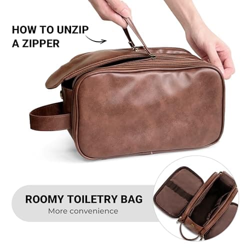 Elviros PU Leather Toiletry Bag for Men Water-Resistant, Dark Brown-Medium — view 5