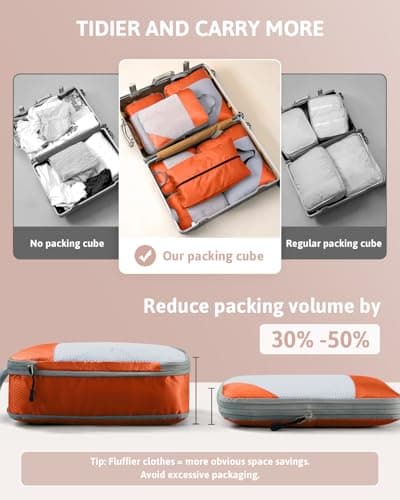 Meowoo 7 Set Compression Packing Cubes for Travel, Durable Ripstop Mesh Suitcase Organizer with Shoe Bag, Ultralight & Expandable Space Saver Travel Cubes, Orange, 7 PCS — view 3
