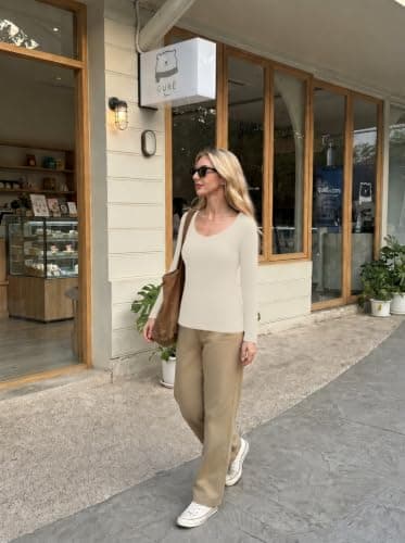IWOLLENCE Thermal Tops Womens V Neck (Cream, M) — view 4