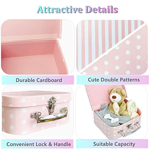 Amedoo Paperboard Suitcases, Decorative Storage Boxes with Lids, Set of 3 Nesting Gift Boxes Pink Storage Box, Christmas, Nursery and New Year Gift Decoration (Pink Dots and Strips) — view 3