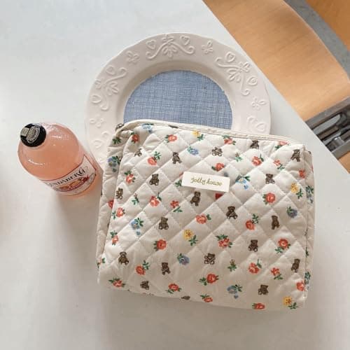 Aucuu Cotton Makeup Bag, Portable Travel Cosmetic Bag, Large Capacity Floral Toiletry Bags, Quilted Wash Bags Organizer for Women Girls — view 4