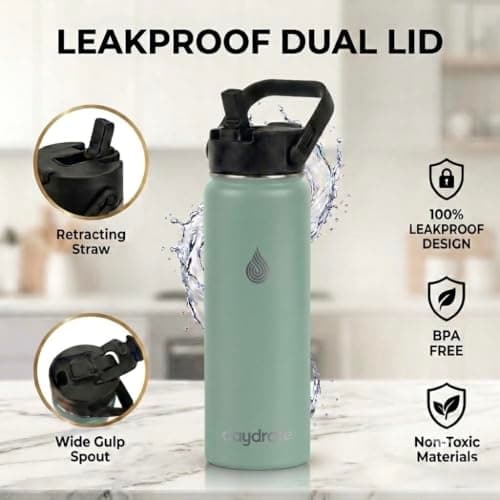 Insulated Metal Water Bottle with Straw 750ml- Stainless Steel Water Bottle, BPA Free, Dual Lid Straw & Spout, Leakproof, 24 Hours Cold & Hot, Work, Travel, Gym Bottle for Men & Women -Green- Daydrate — view 3