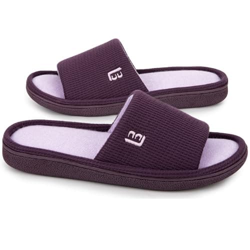 LongBay Women’s Waffle Slippers Open Toe Slip On Memory Foam Flat Summer House Slipper Purple, 7-8