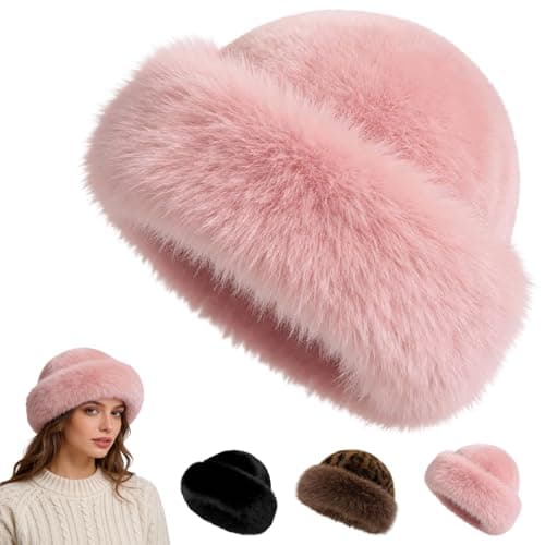 Faux Fur Bucket Hat for Women, Russian Style Winter Fluffy Fuzzy Ladies Hats Travel Hiking Work Home, Chapeau Fourrure Femme Winter Fashion Gift (Pink)