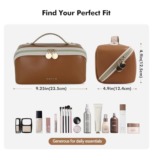 Prite Travel Makeup Bag Flat Lay Cosmetic Case with Brush Pocket, Brown, M — view 3